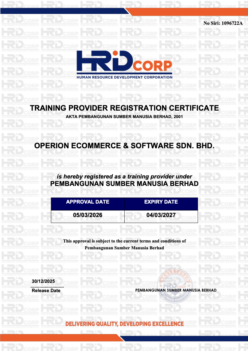 OPERiONPlus HRD Corp Training Provider Registration Certificate, No. Siri 1096722A, approved 05/03/2026, expiring 04/03/2027 — click to view the full PDF